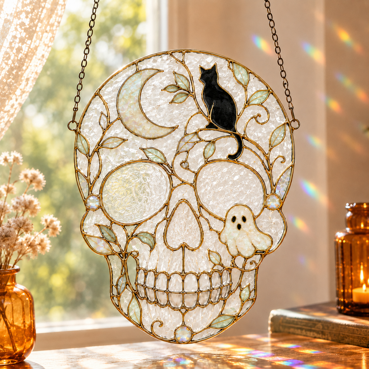 Halloween Black Cat Skull Suncatcher | Stained Glass Style Window Hanging | Pumpkin Moon Gothic Decor | Car Ornament Gift