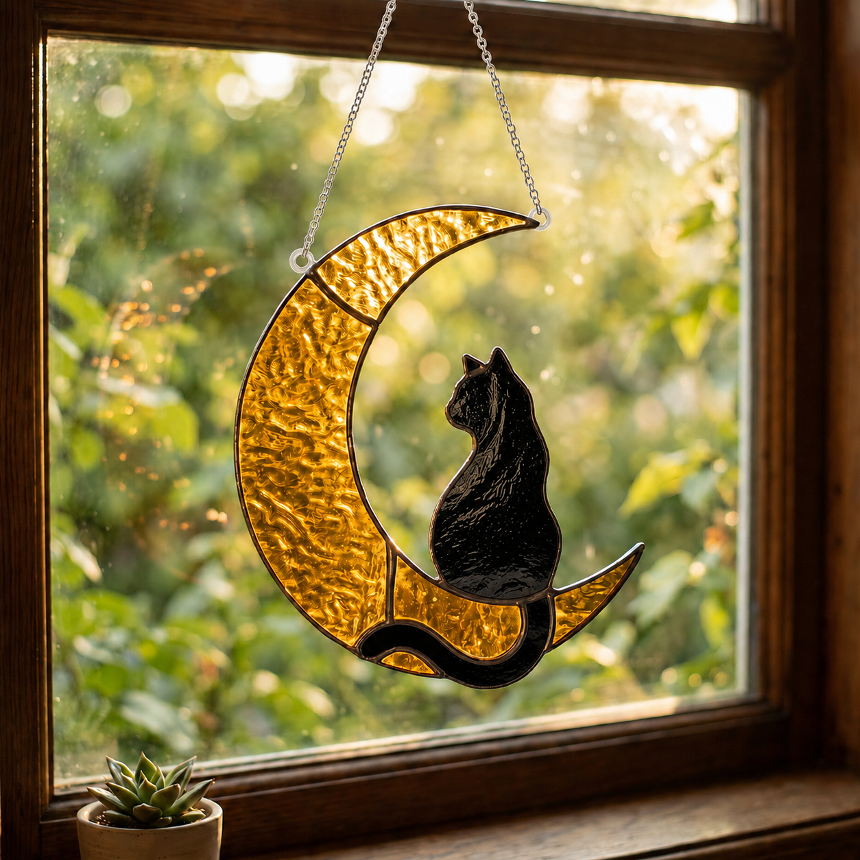Black Cat Crescent Moon Stained Glass Suncatcher – Witchy Celestial Window Hanging