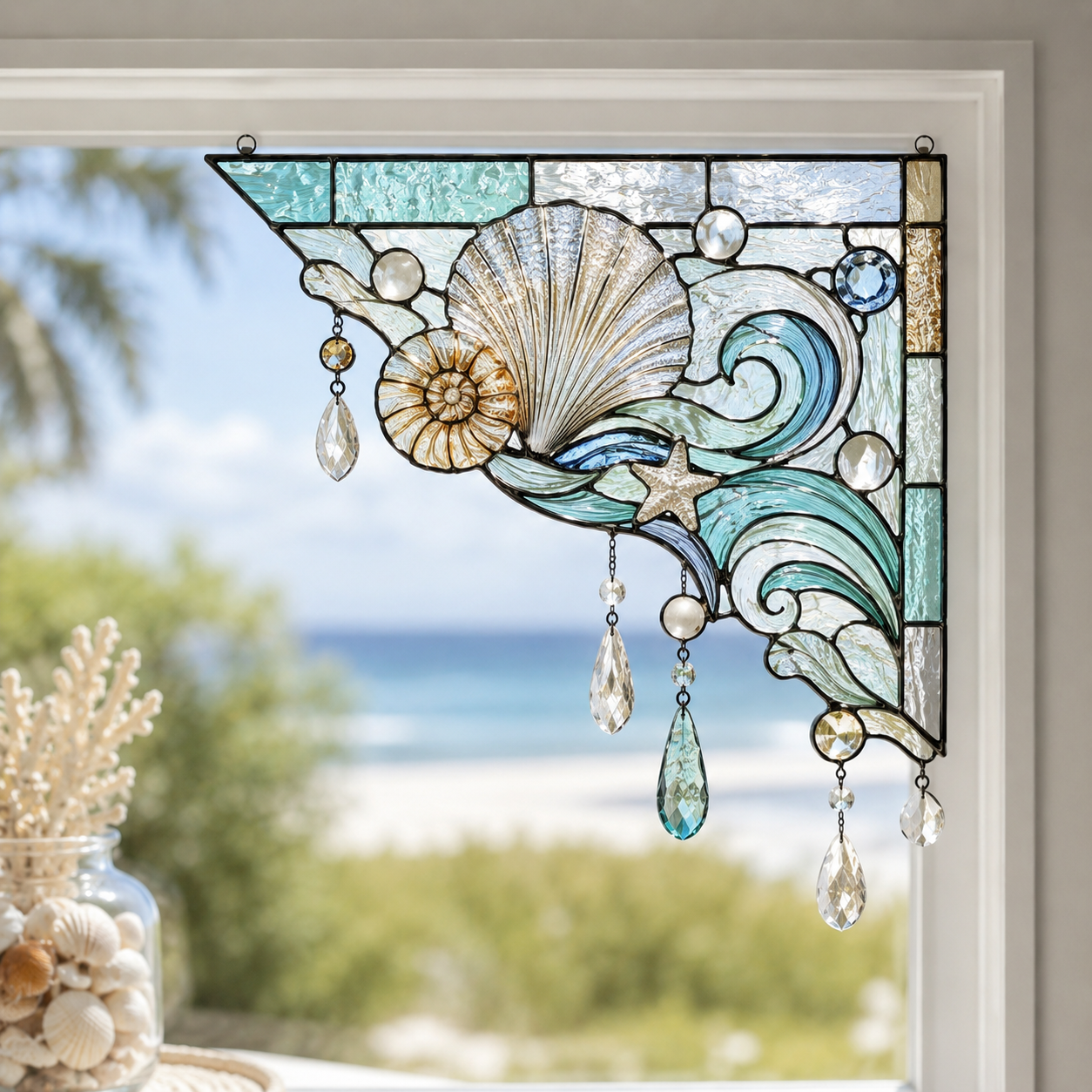 Coastal Seashell Ocean Wave Stained Glass Window Corner Hanging Ornament – Summer Beach House Decor