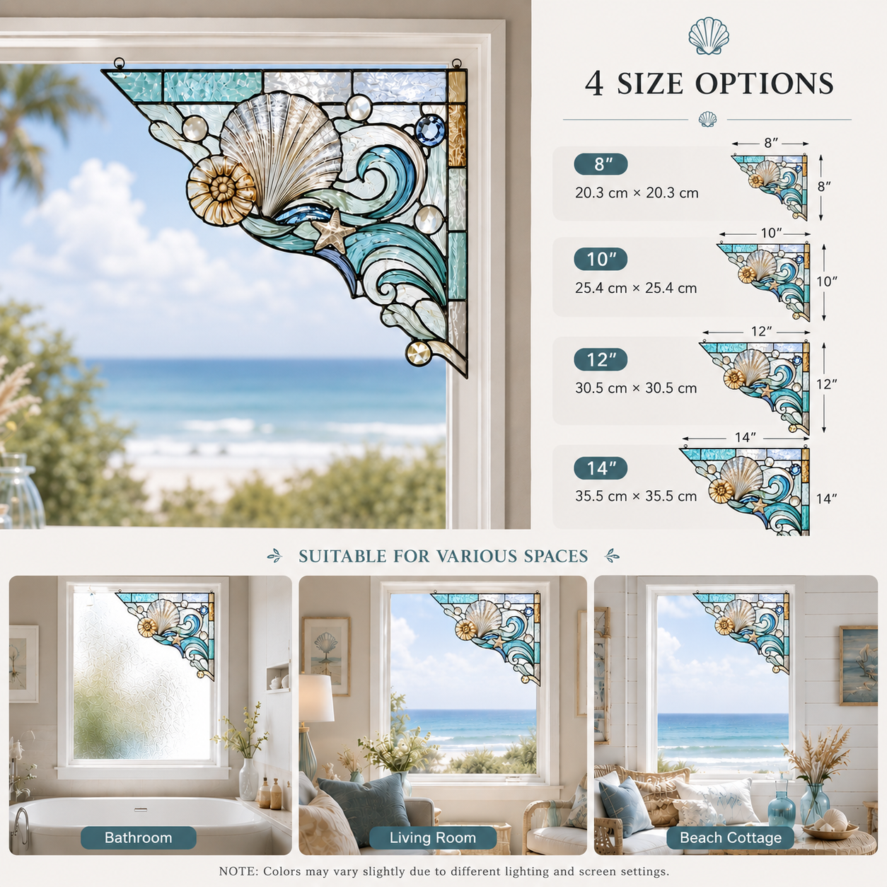Coastal Seashell Ocean Wave Stained Glass Window Corner Hanging Ornament – Summer Beach House Decor