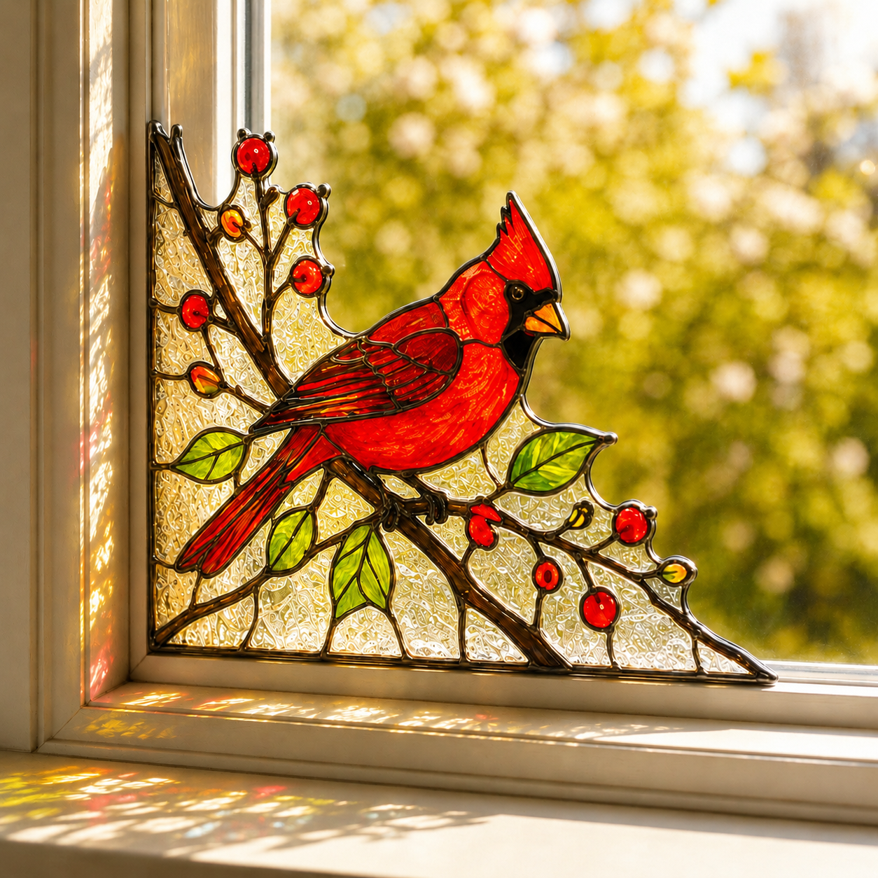 Red Cardinal Stained Glass Window Corner Decor – Bird Hanging Ornament with Berry Branch