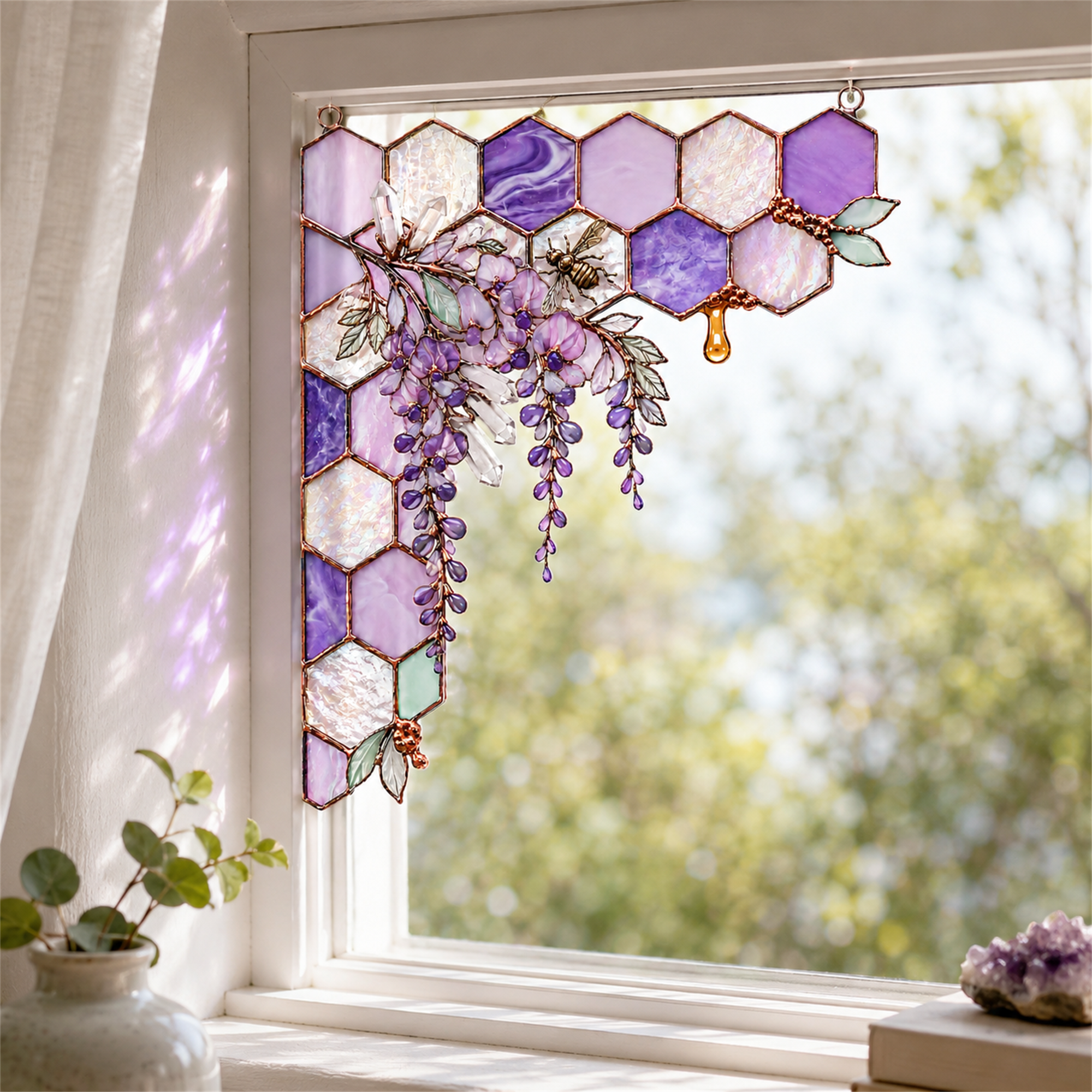 Purple Wisteria Bee Honeycomb Stained Glass Window Corner Hanging Ornament