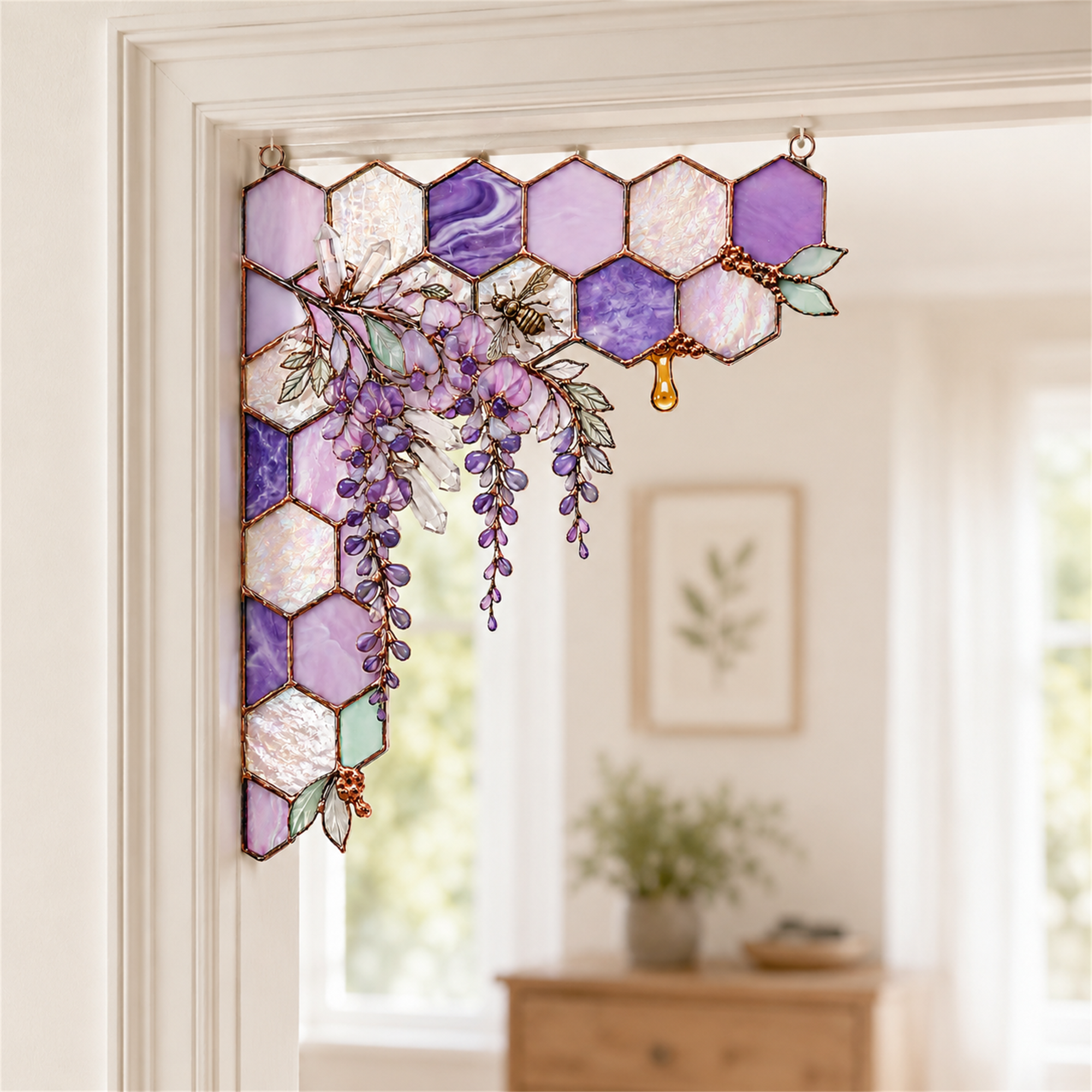 Purple Wisteria Bee Honeycomb Stained Glass Window Corner Hanging Ornament