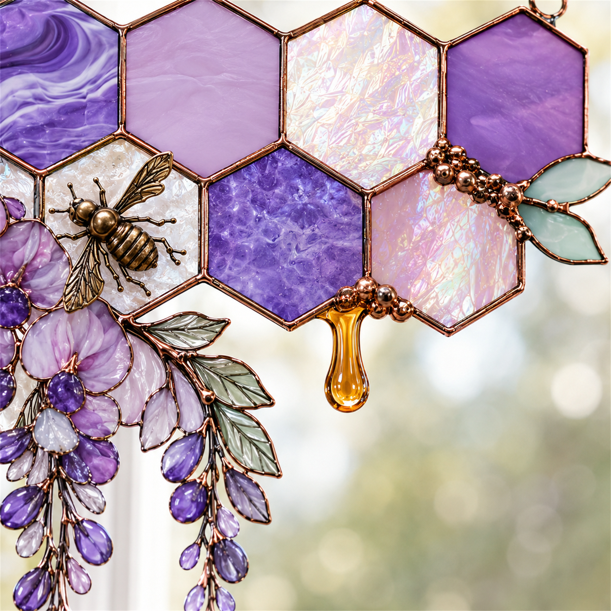 Purple Wisteria Bee Honeycomb Stained Glass Window Corner Hanging Ornament
