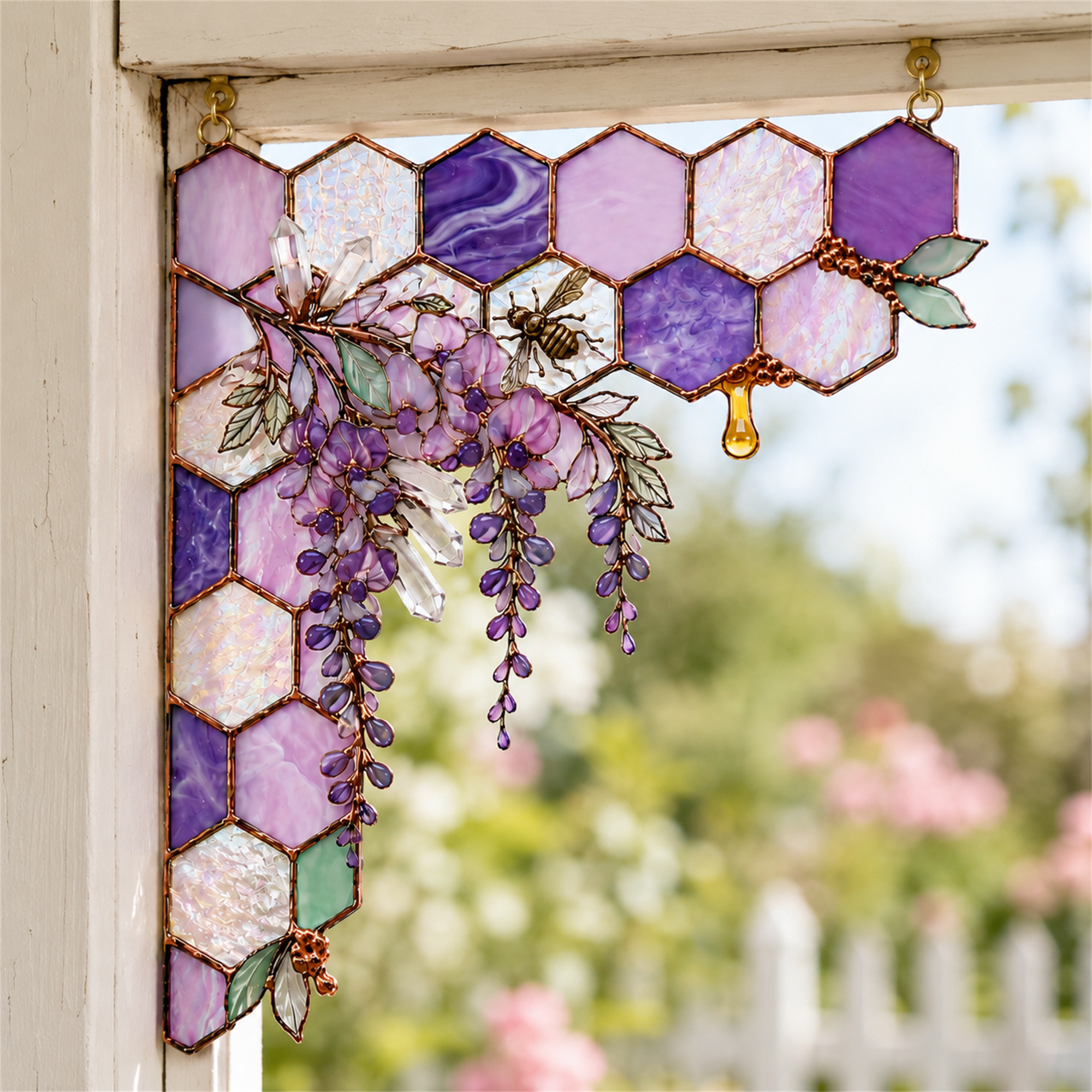 Purple Wisteria Bee Honeycomb Stained Glass Window Corner Hanging Ornament