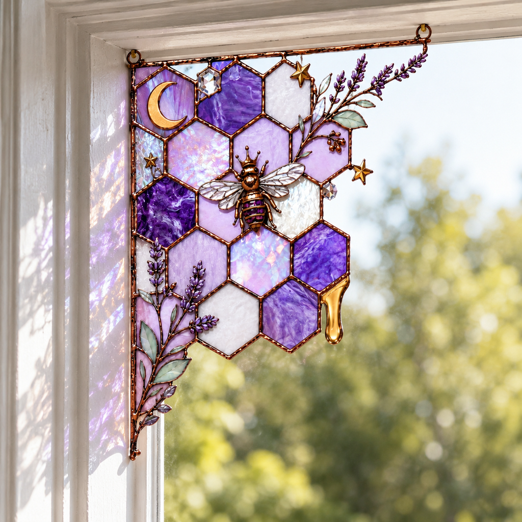 Purple Wisteria Bee Honeycomb Stained Glass Window Corner Hanging Ornament