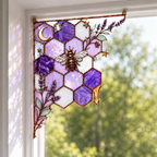 Purple Wisteria Bee Honeycomb Stained Glass Window Corner Hanging Ornament