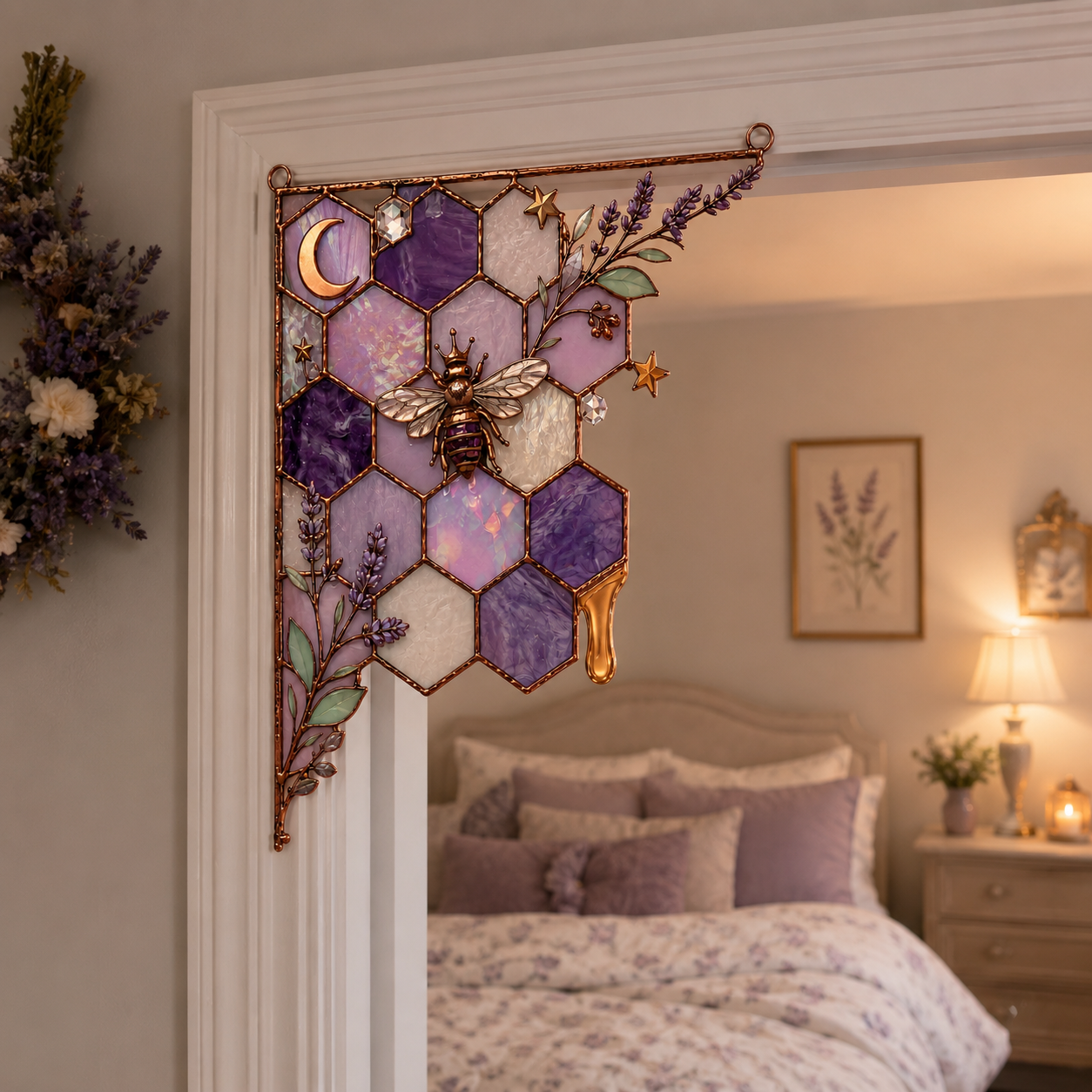Purple Wisteria Bee Honeycomb Stained Glass Window Corner Hanging Ornament