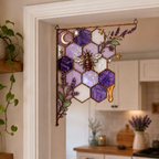 Purple Wisteria Bee Honeycomb Stained Glass Window Corner Hanging Ornament
