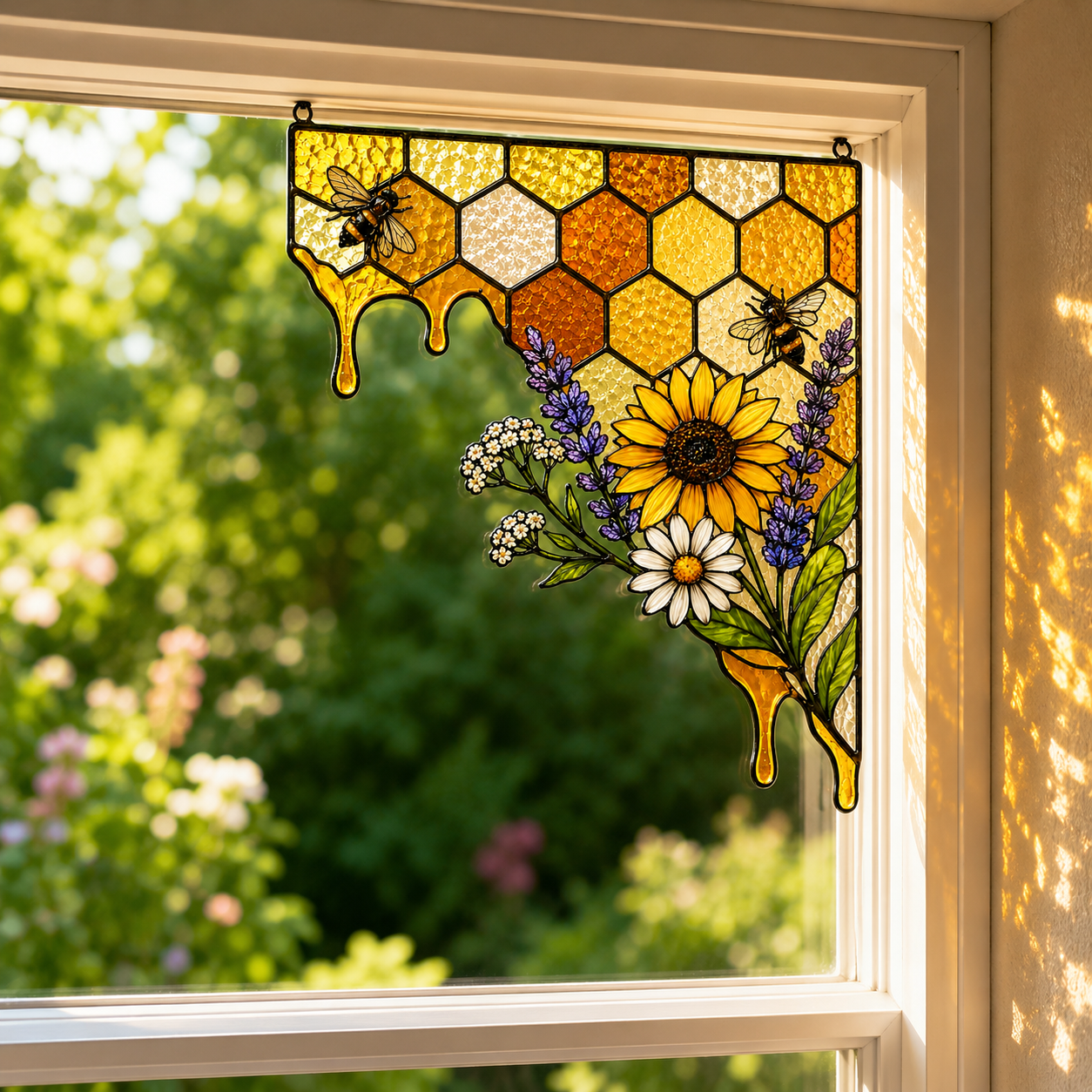 Sunflower Bee Honeycomb Stained Glass Window Corner Hanging Ornament
