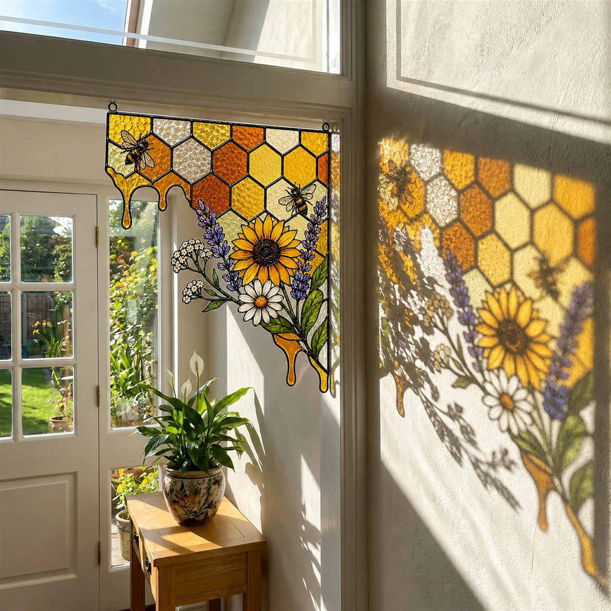 Sunflower Bee Honeycomb Stained Glass Window Corner Hanging Ornament