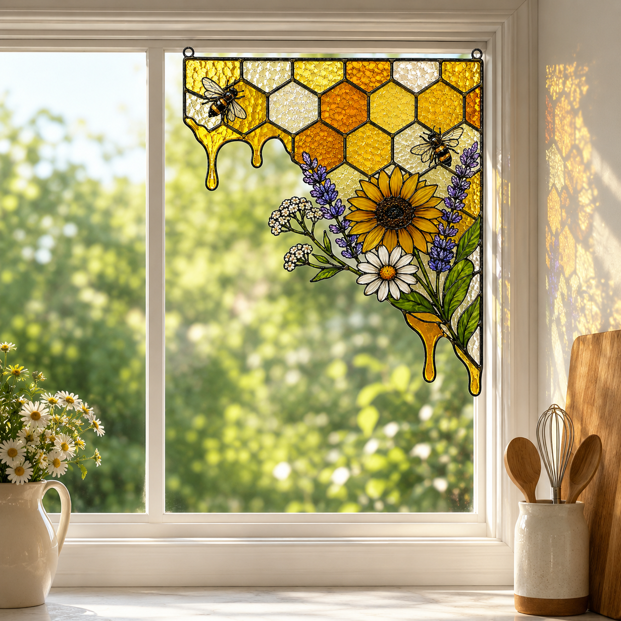 Sunflower Bee Honeycomb Stained Glass Window Corner Hanging Ornament