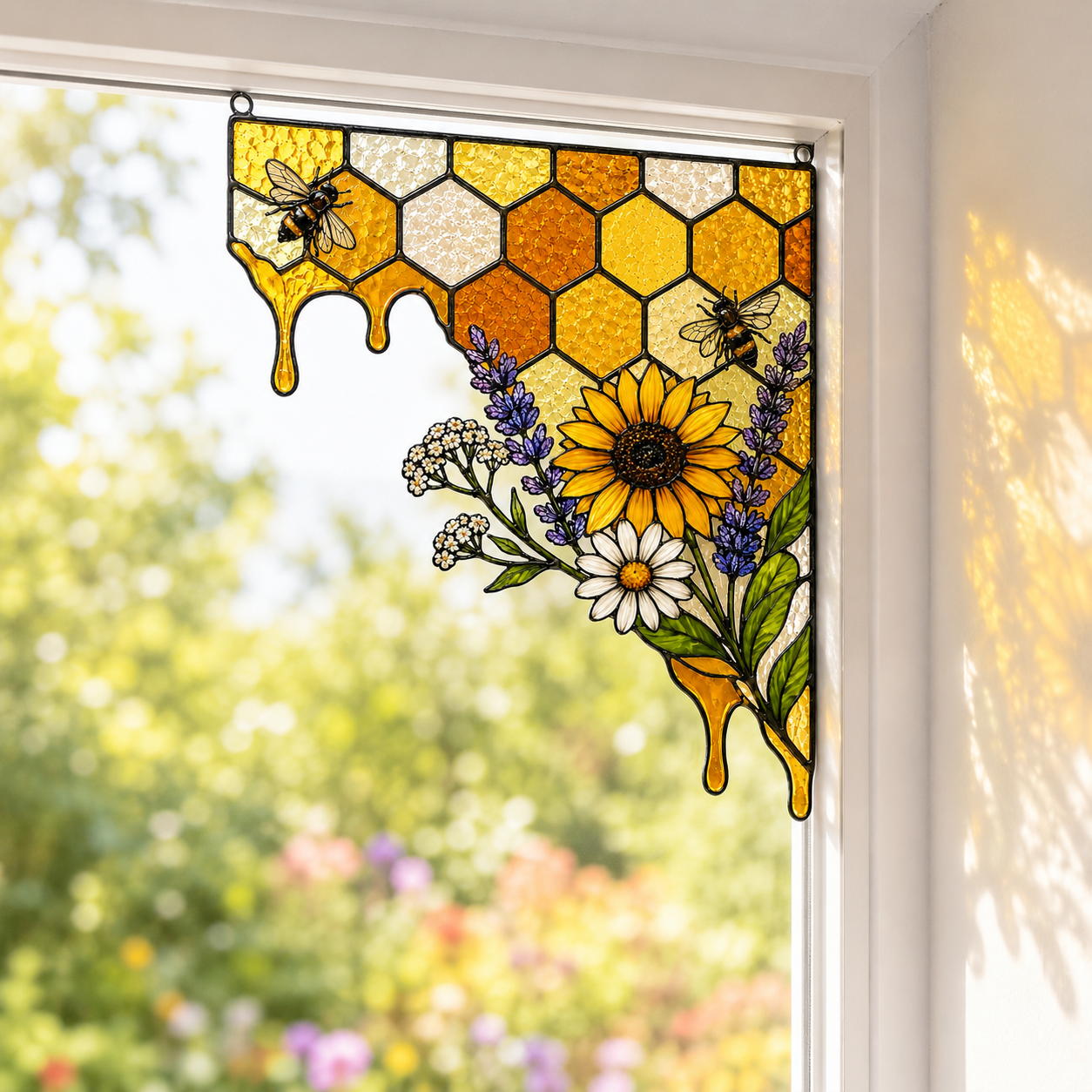 Sunflower Bee Honeycomb Stained Glass Window Corner Hanging Ornament