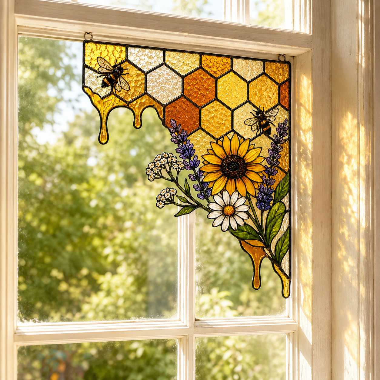 Sunflower Bee Honeycomb Stained Glass Window Corner Hanging Ornament