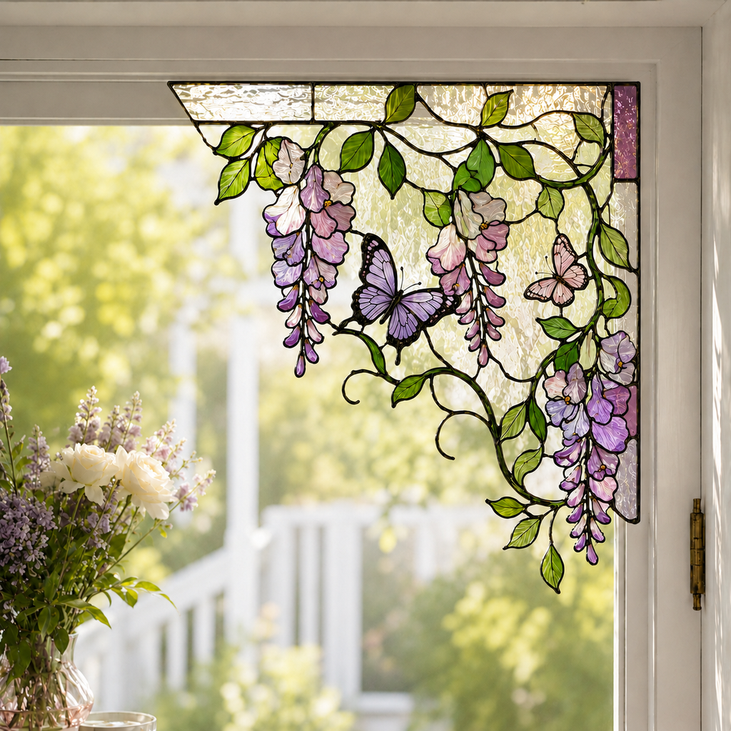 Purple Wisteria Butterfly Stained Glass Window Corner Hanging Ornament