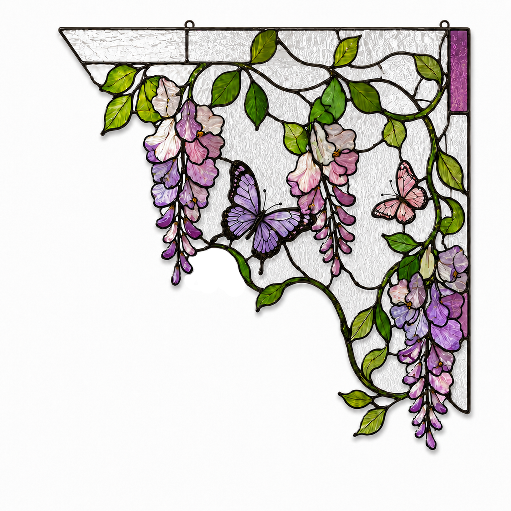 Purple Wisteria Butterfly Stained Glass Window Corner Hanging Ornament