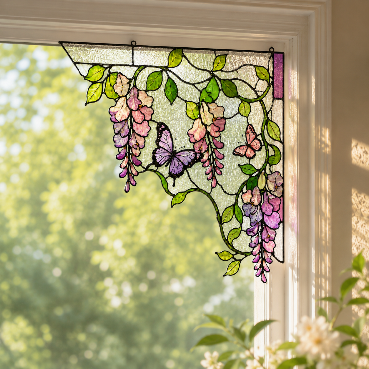Purple Wisteria Butterfly Stained Glass Window Corner Hanging Ornament