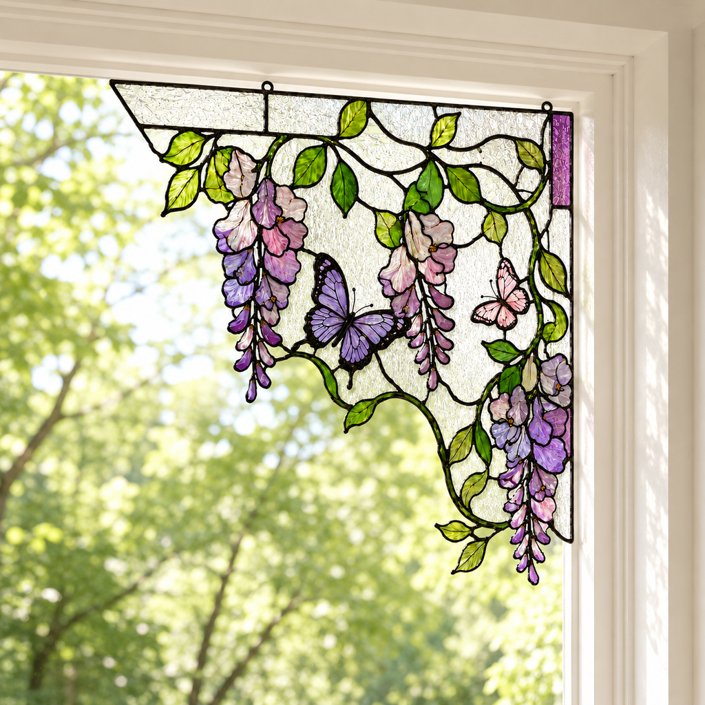 Purple Wisteria Butterfly Stained Glass Window Corner Hanging Ornament