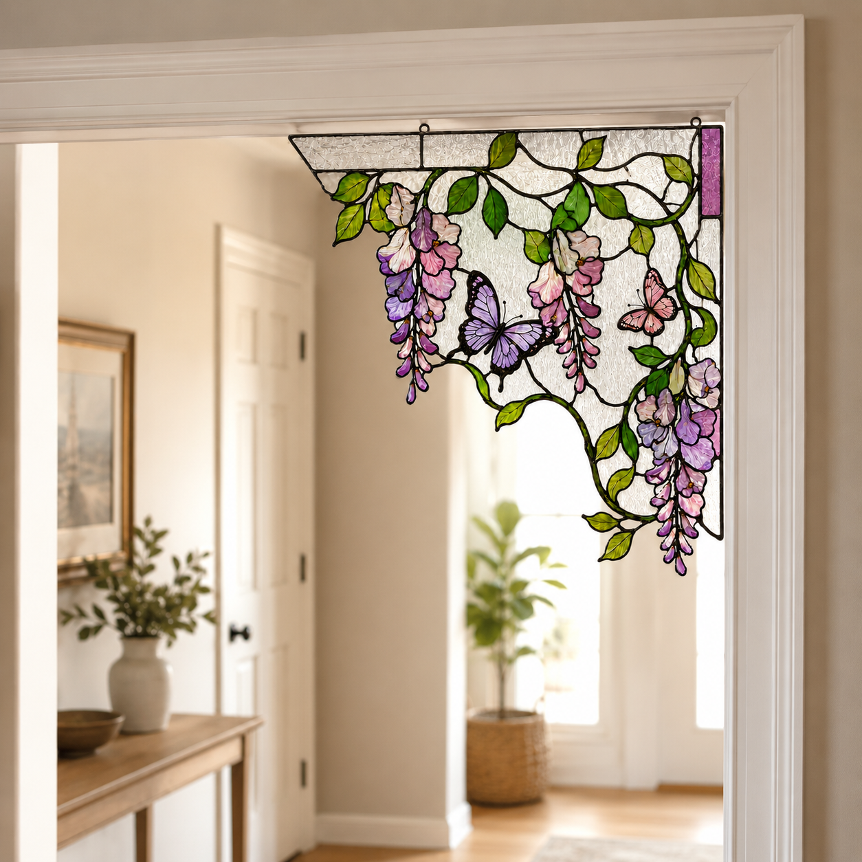 Purple Wisteria Butterfly Stained Glass Window Corner Hanging Ornament