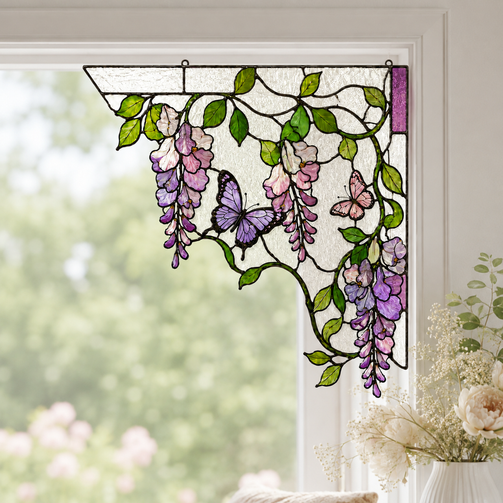 Purple Wisteria Butterfly Stained Glass Window Corner Hanging Ornament