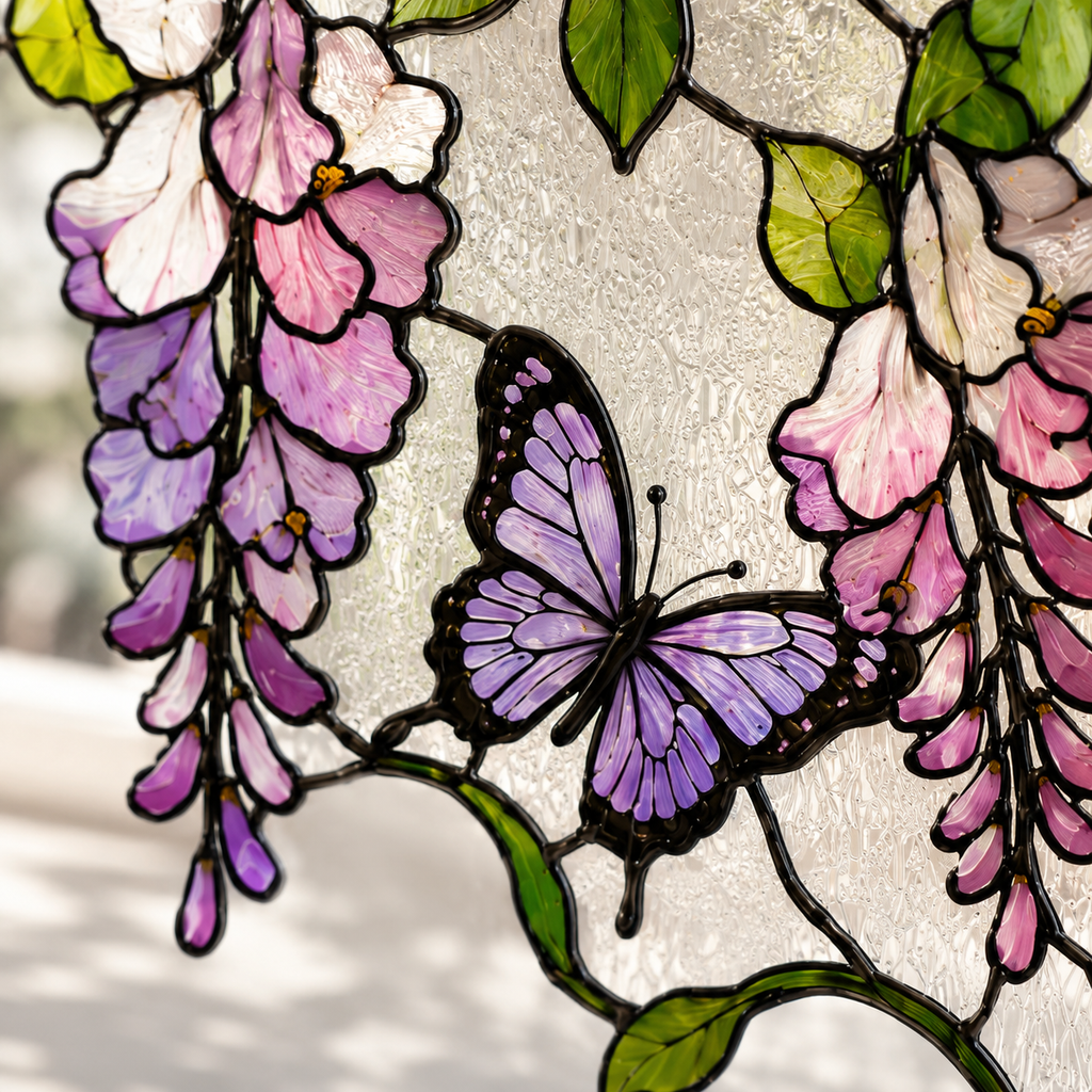 Purple Wisteria Butterfly Stained Glass Window Corner Hanging Ornament