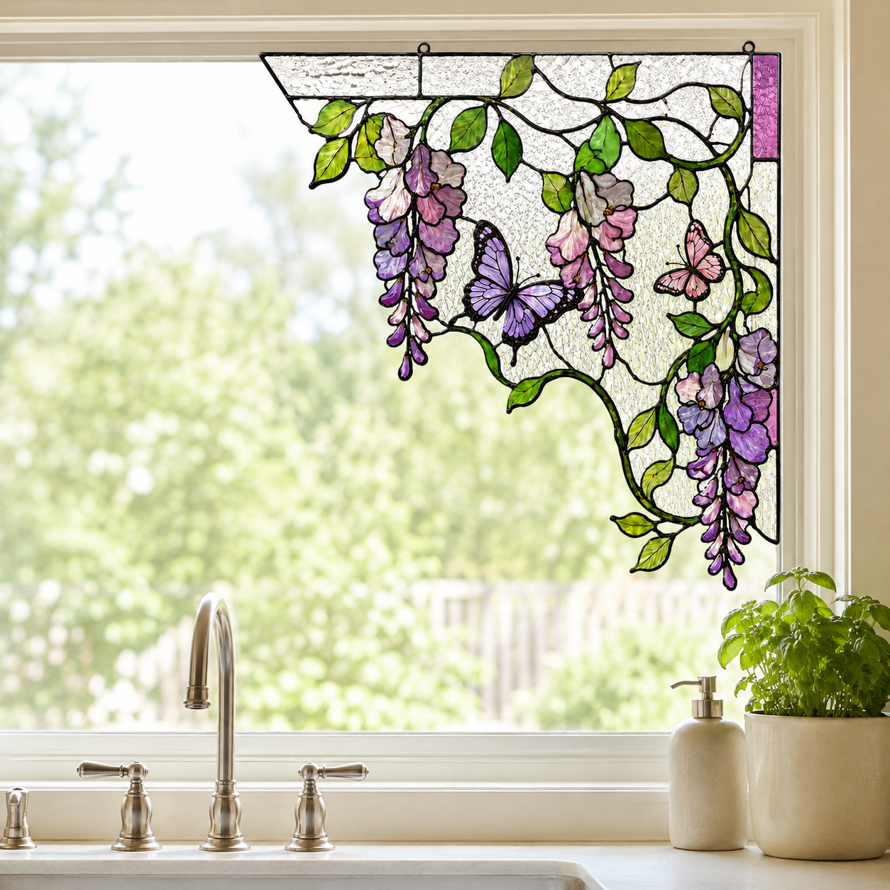 Purple Wisteria Butterfly Stained Glass Window Corner Hanging Ornament