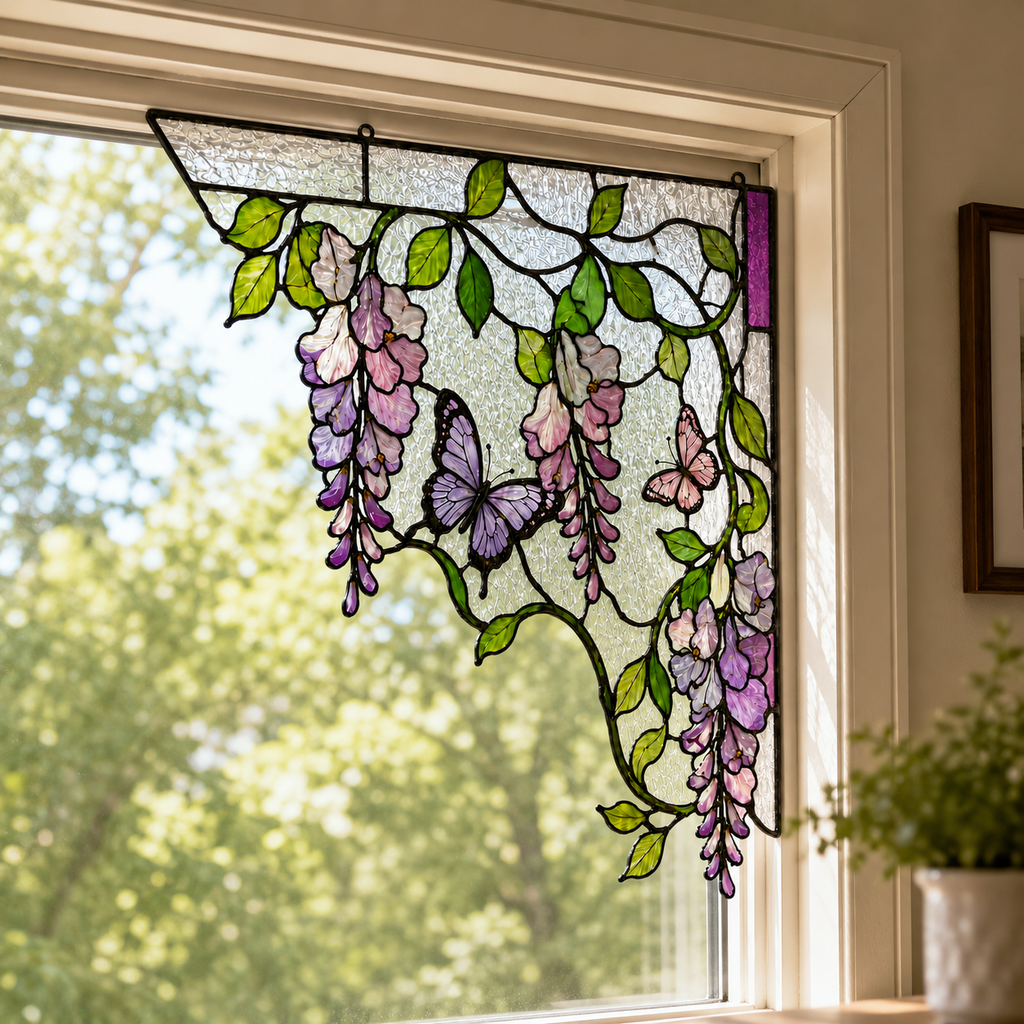Purple Wisteria Butterfly Stained Glass Window Corner Hanging Ornament