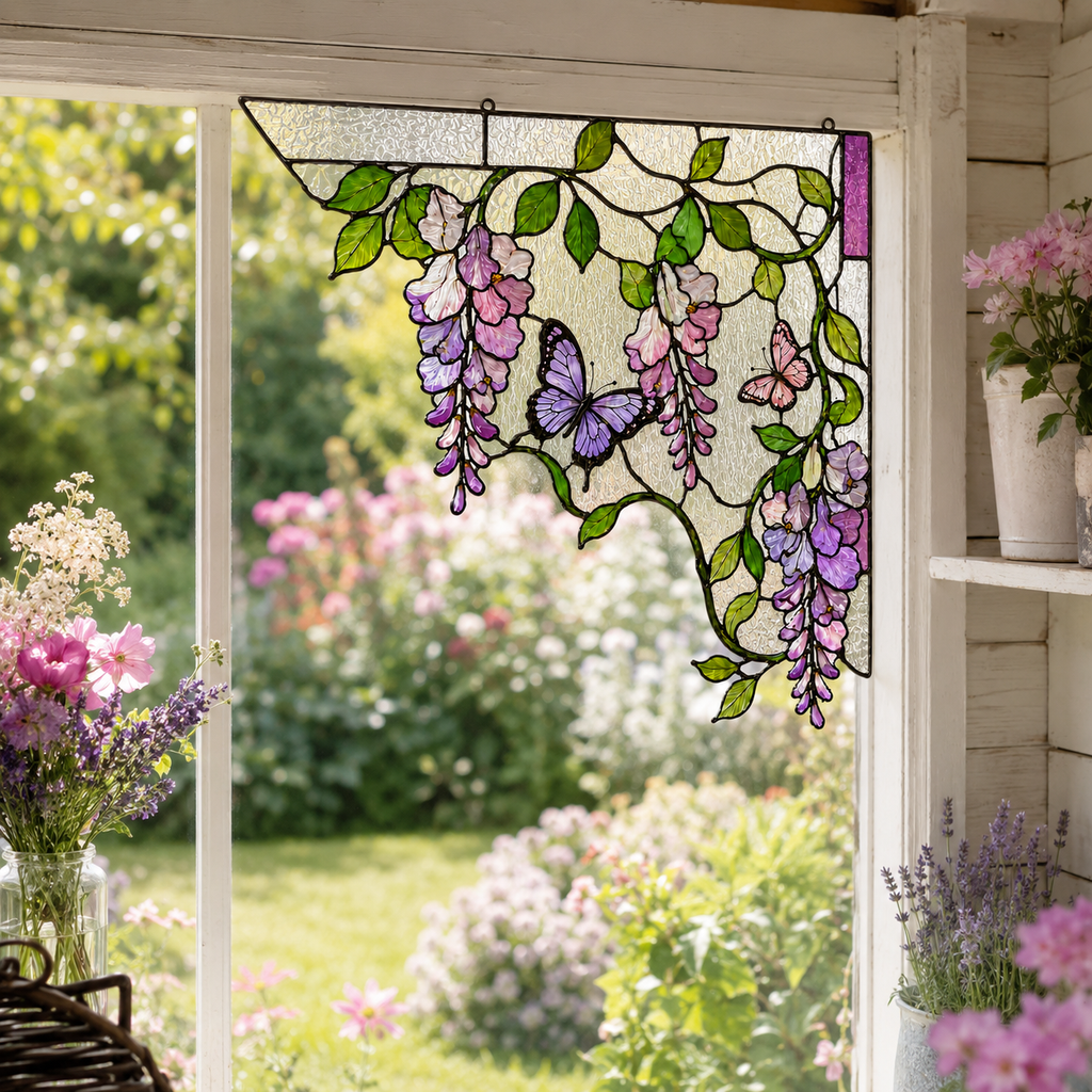 Purple Wisteria Butterfly Stained Glass Window Corner Hanging Ornament