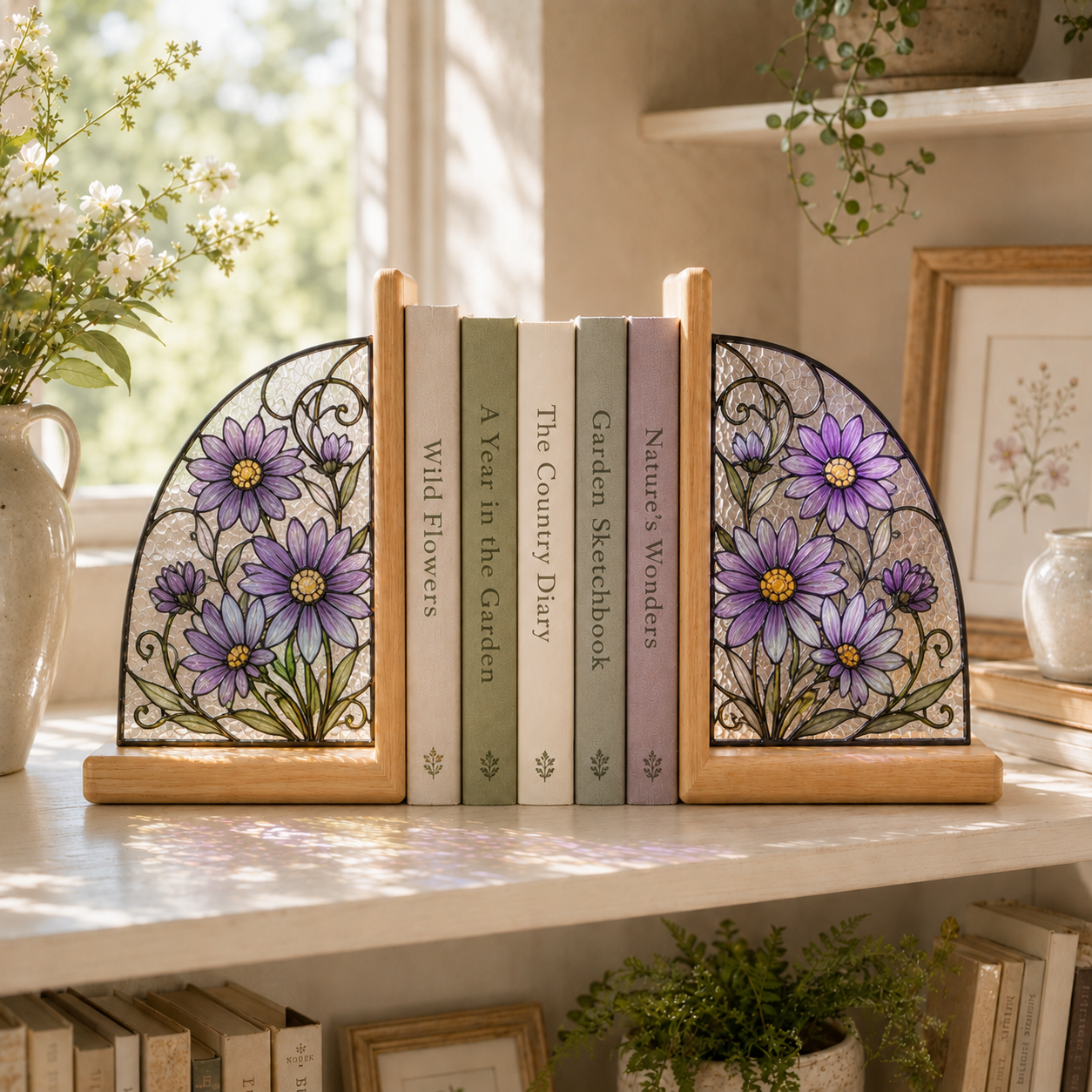 September Birth Flower Bookends | Aster Floral Wood Glass Bookend Set | Virgo Libra Birthday Gift | Bookshelf Decor