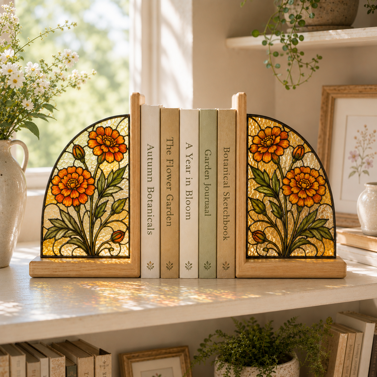 October Birth Flower Bookends | Marigold Wood Glass Bookend Set | Libra Scorpio Birthday Gift | Bookshelf Decor