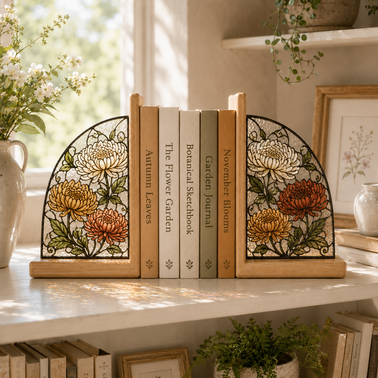 November Birth Flower Bookends | Chrysanthemum Wood Glass Bookend Set | Scorpio Sagittarius Birthday Gift | Bookshelf Decor