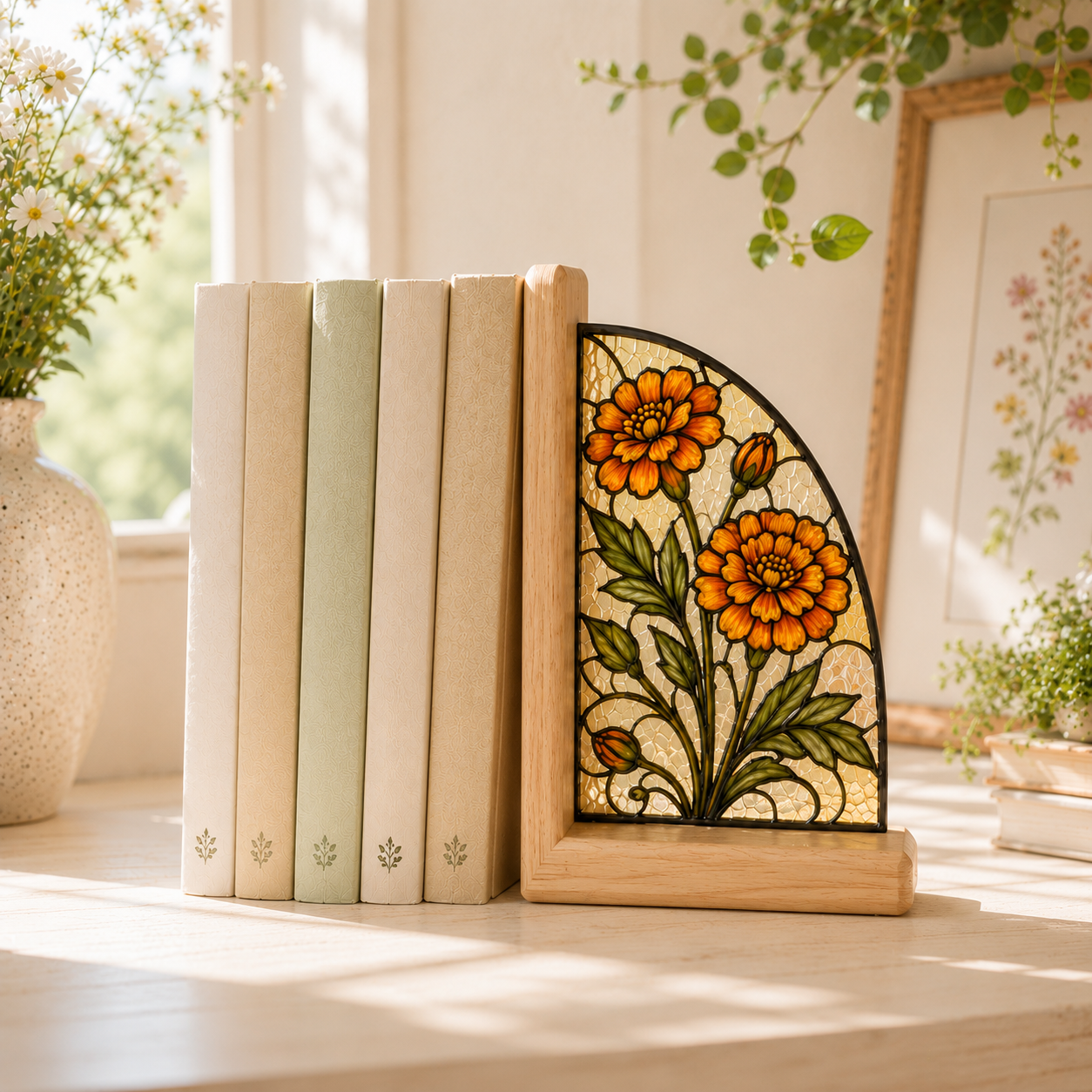 October Birth Flower Bookends | Marigold Wood Glass Bookend Set | Libra Scorpio Birthday Gift | Bookshelf Decor