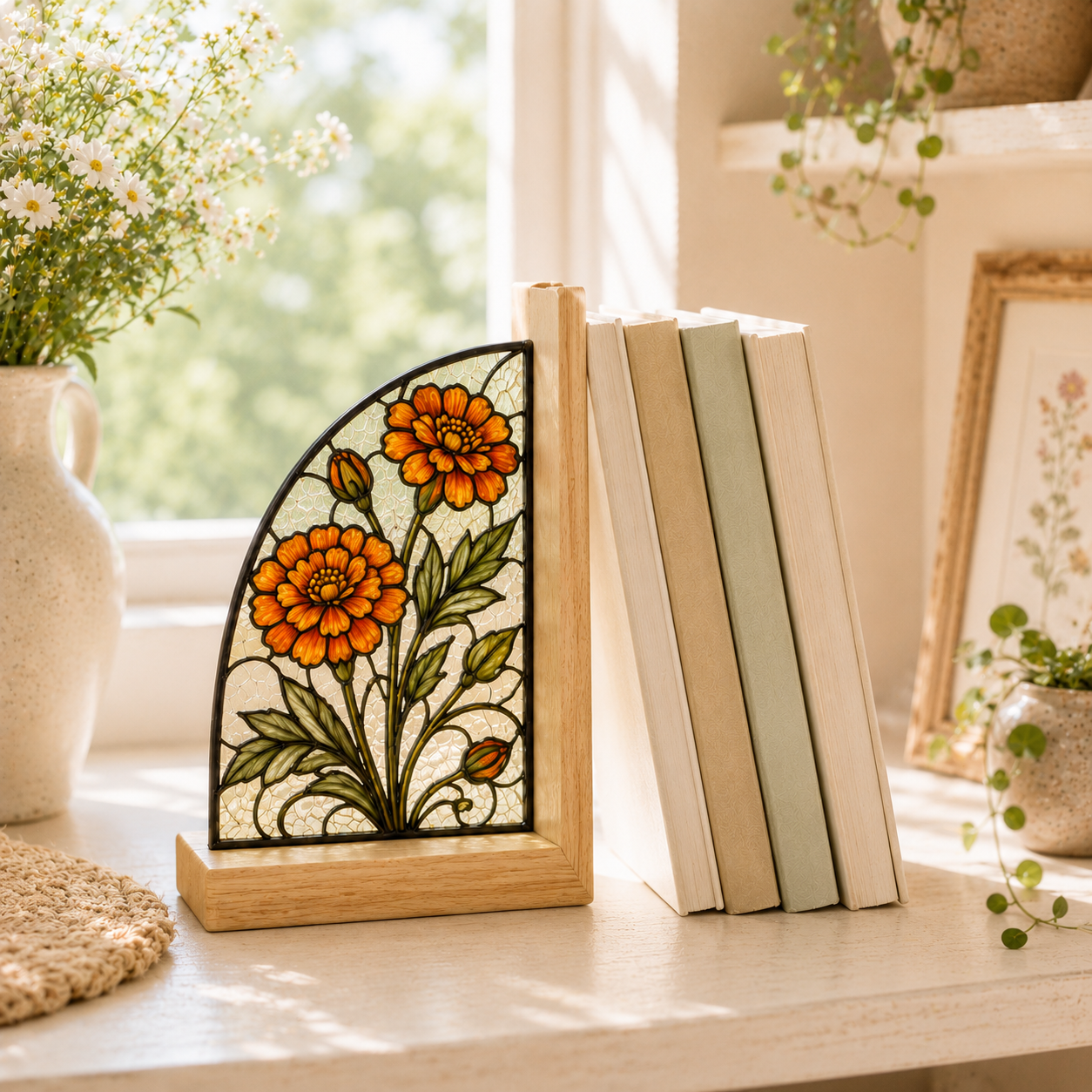 October Birth Flower Bookends | Marigold Wood Glass Bookend Set | Libra Scorpio Birthday Gift | Bookshelf Decor