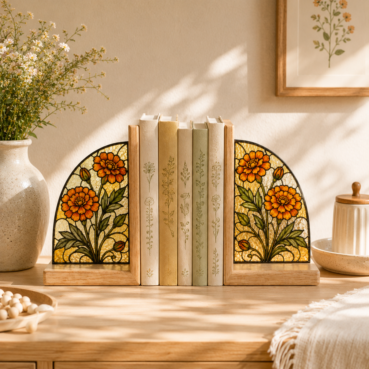 October Birth Flower Bookends | Marigold Wood Glass Bookend Set | Libra Scorpio Birthday Gift | Bookshelf Decor