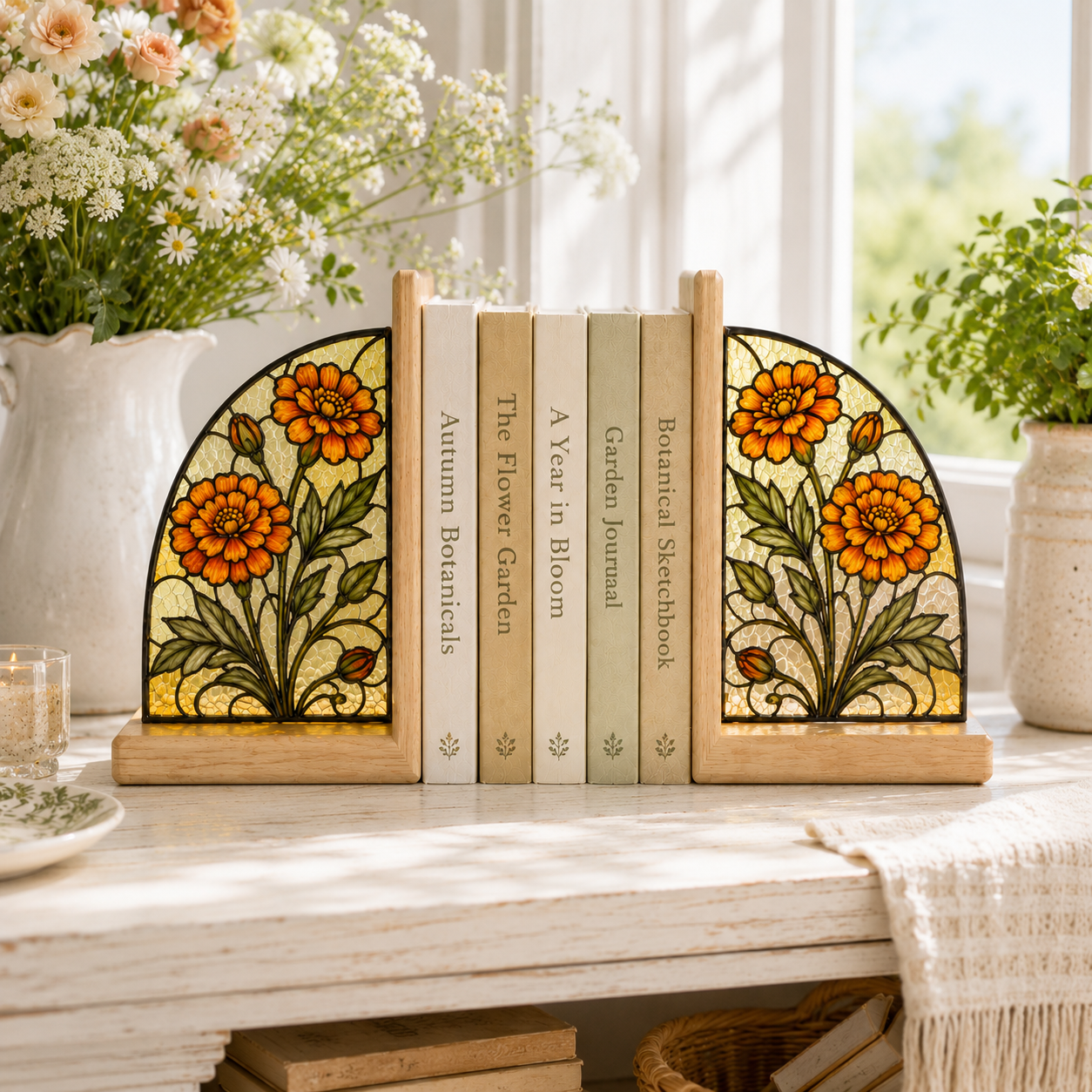 October Birth Flower Bookends | Marigold Wood Glass Bookend Set | Libra Scorpio Birthday Gift | Bookshelf Decor