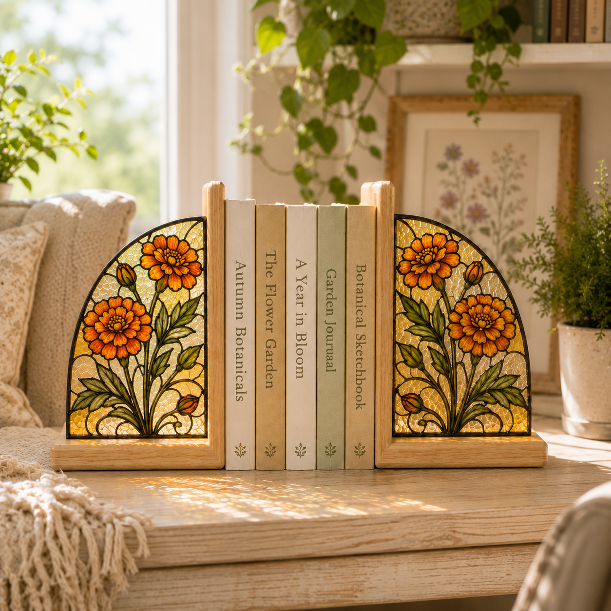 October Birth Flower Bookends | Marigold Wood Glass Bookend Set | Libra Scorpio Birthday Gift | Bookshelf Decor