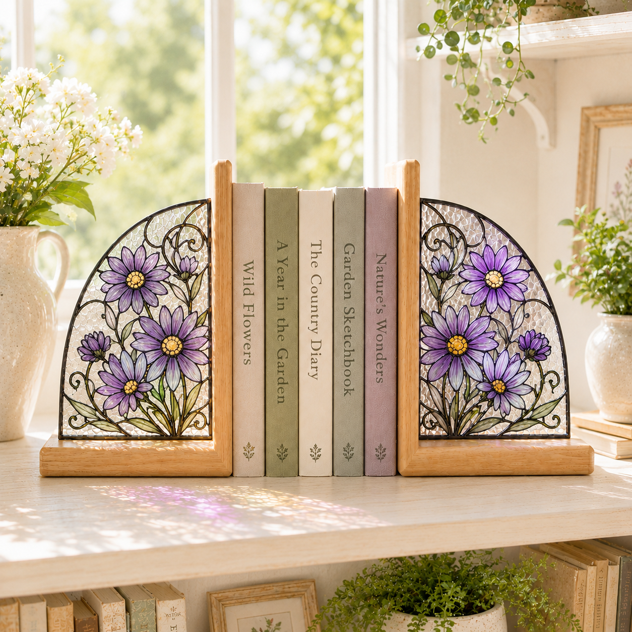 September Birth Flower Bookends | Aster Floral Wood Glass Bookend Set | Virgo Libra Birthday Gift | Bookshelf Decor