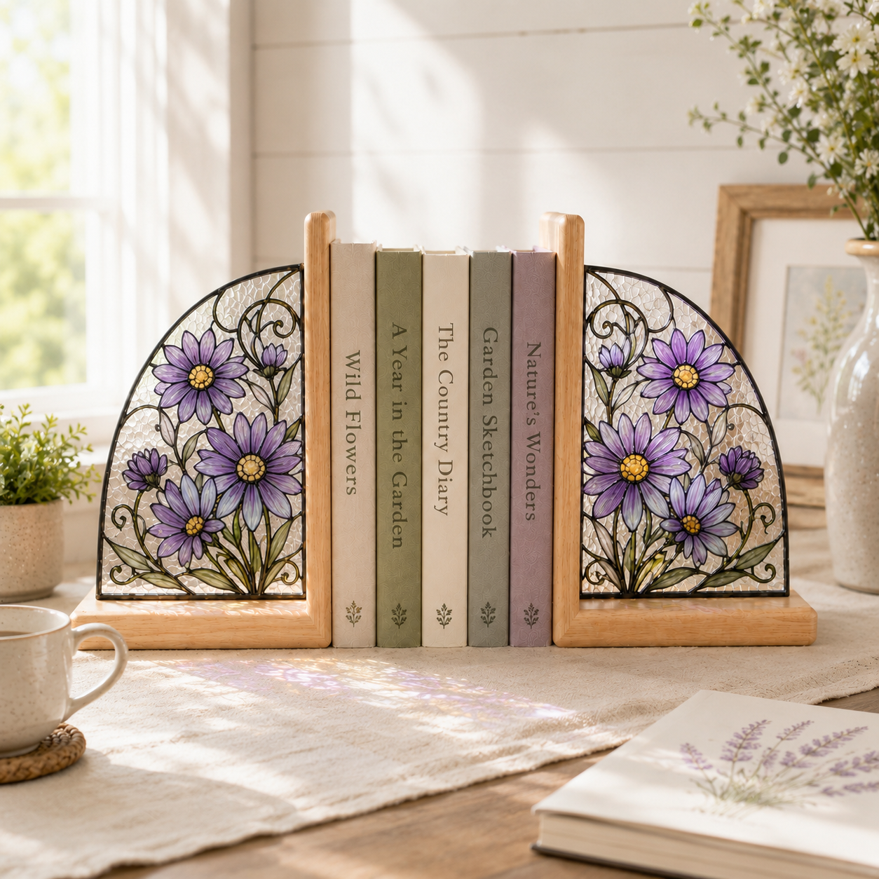 September Birth Flower Bookends | Aster Floral Wood Glass Bookend Set | Virgo Libra Birthday Gift | Bookshelf Decor