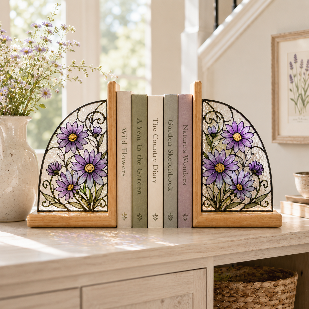 September Birth Flower Bookends | Aster Floral Wood Glass Bookend Set | Virgo Libra Birthday Gift | Bookshelf Decor