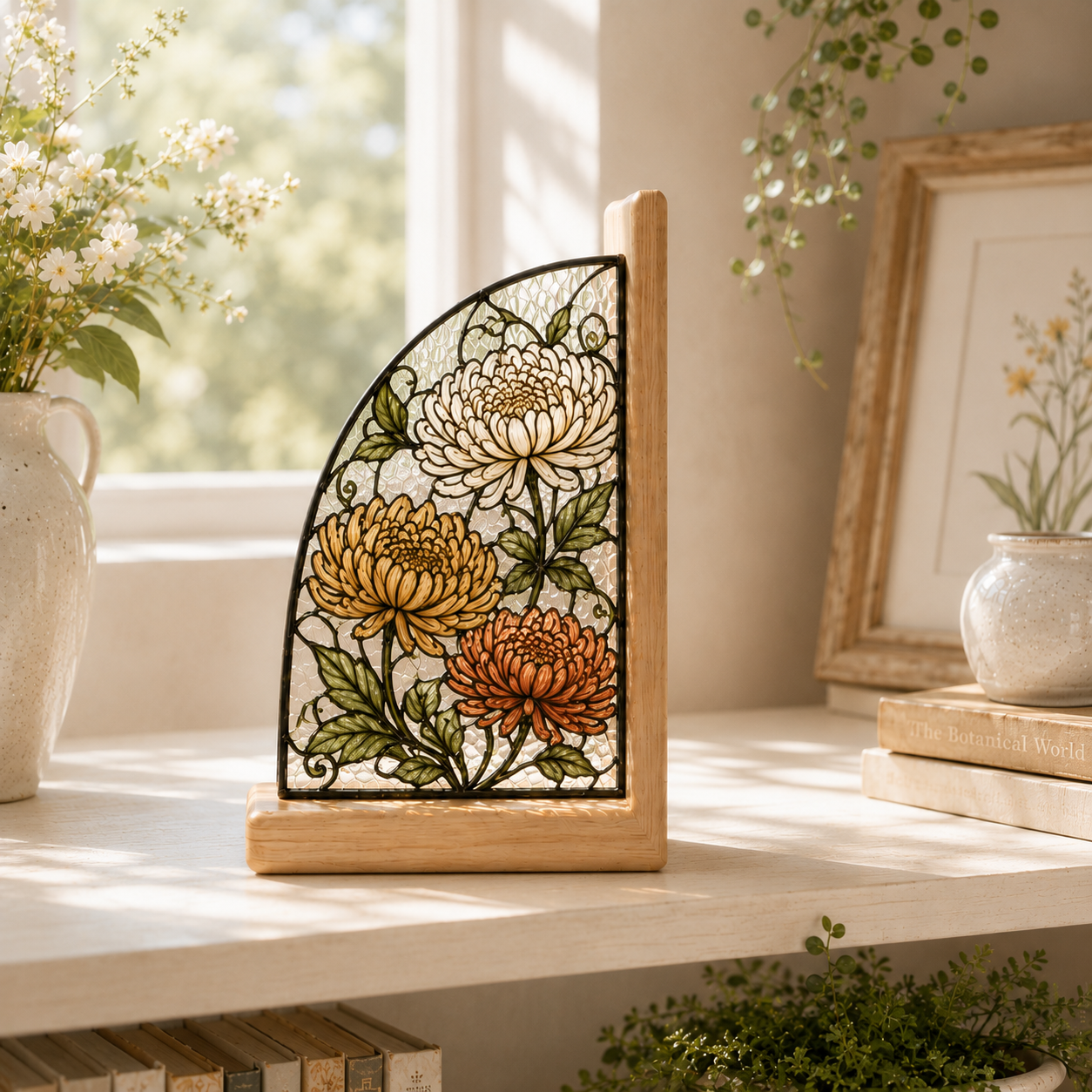 November Birth Flower Bookends | Chrysanthemum Wood Glass Bookend Set | Scorpio Sagittarius Birthday Gift | Bookshelf Decor
