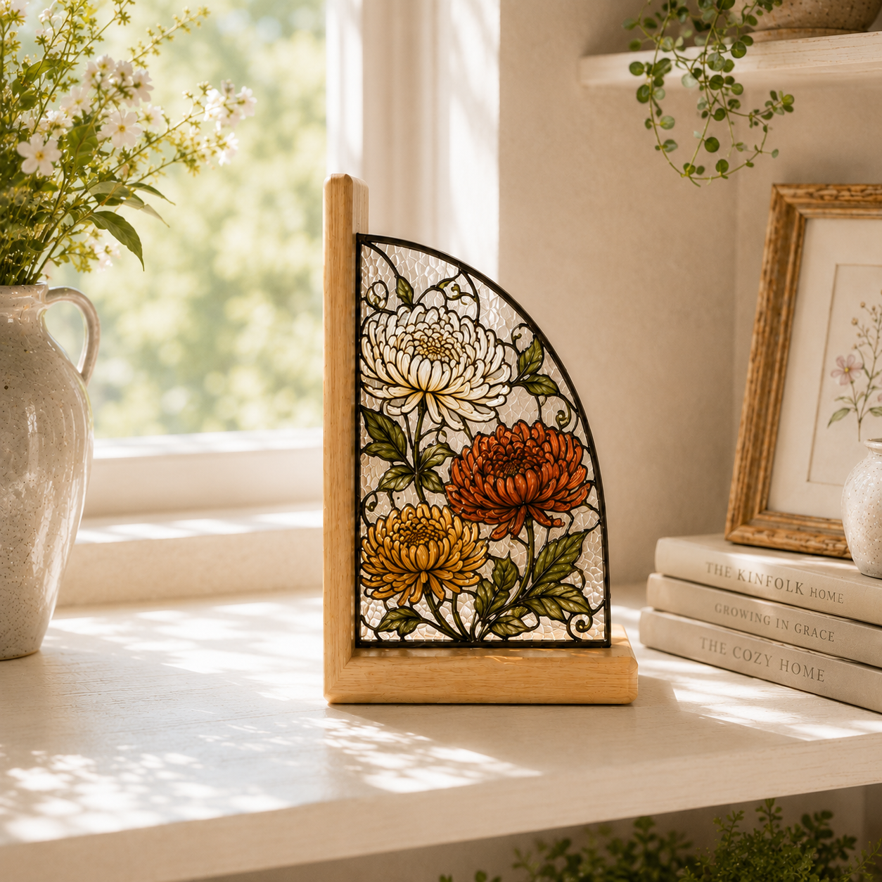 November Birth Flower Bookends | Chrysanthemum Wood Glass Bookend Set | Scorpio Sagittarius Birthday Gift | Bookshelf Decor