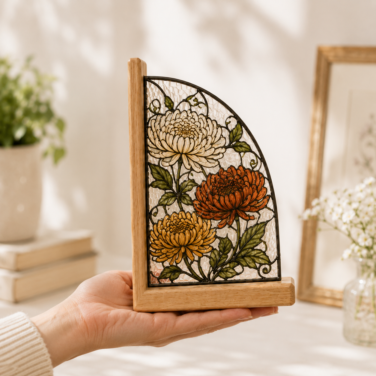 November Birth Flower Bookends | Chrysanthemum Wood Glass Bookend Set | Scorpio Sagittarius Birthday Gift | Bookshelf Decor