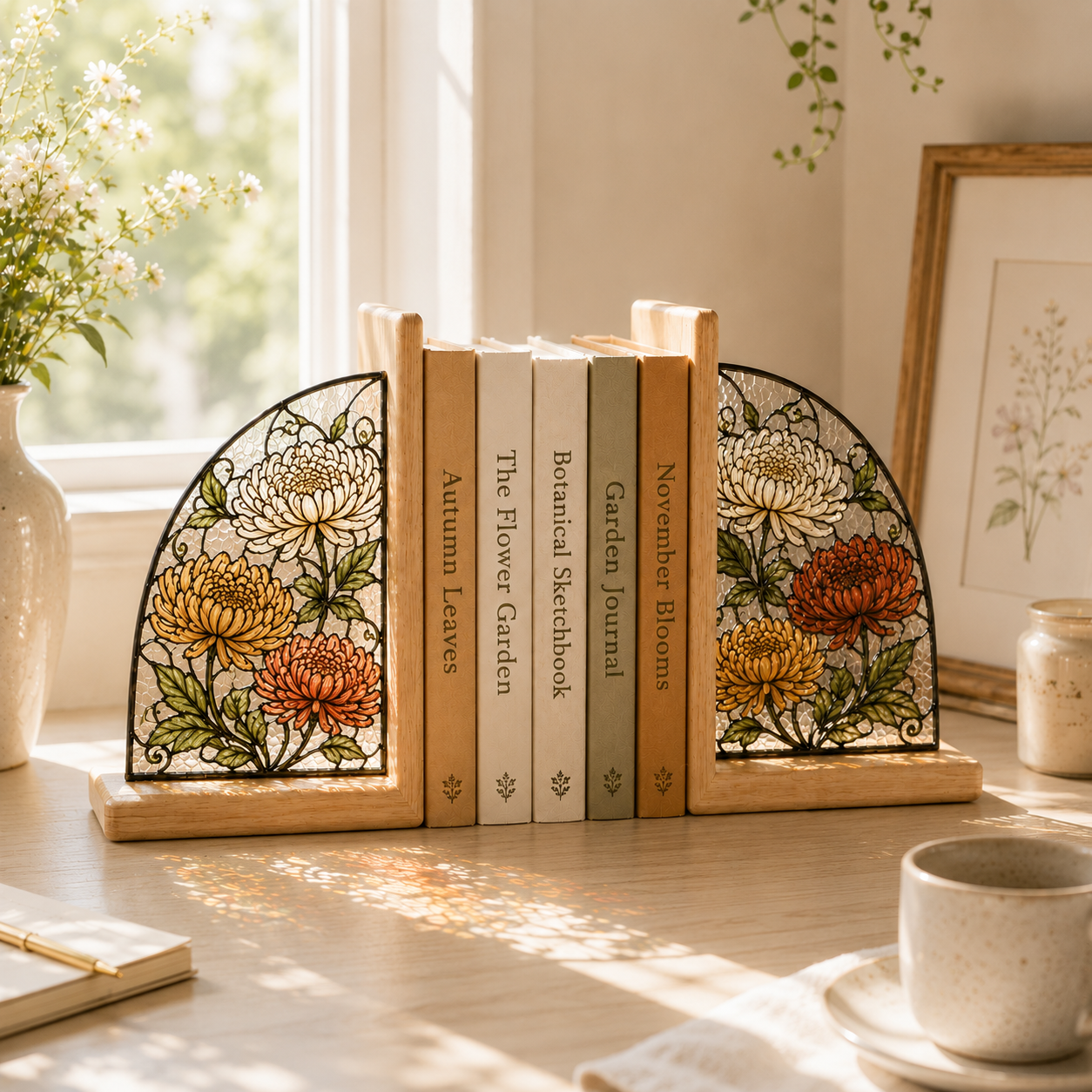 November Birth Flower Bookends | Chrysanthemum Wood Glass Bookend Set | Scorpio Sagittarius Birthday Gift | Bookshelf Decor