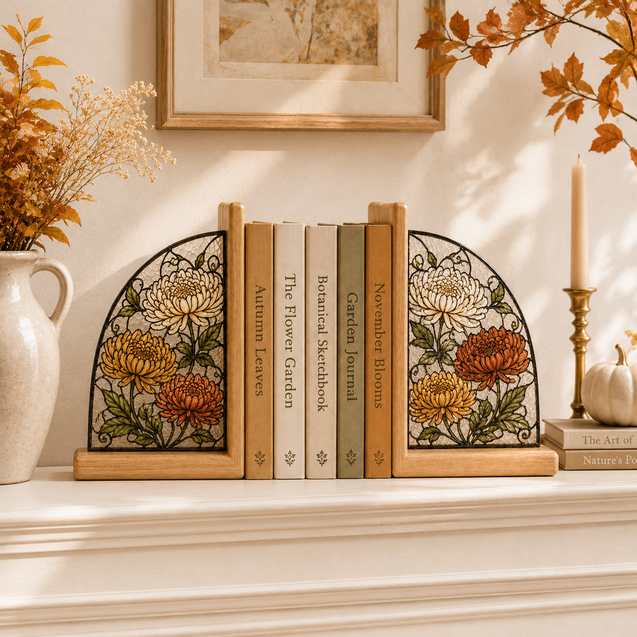 November Birth Flower Bookends | Chrysanthemum Wood Glass Bookend Set | Scorpio Sagittarius Birthday Gift | Bookshelf Decor