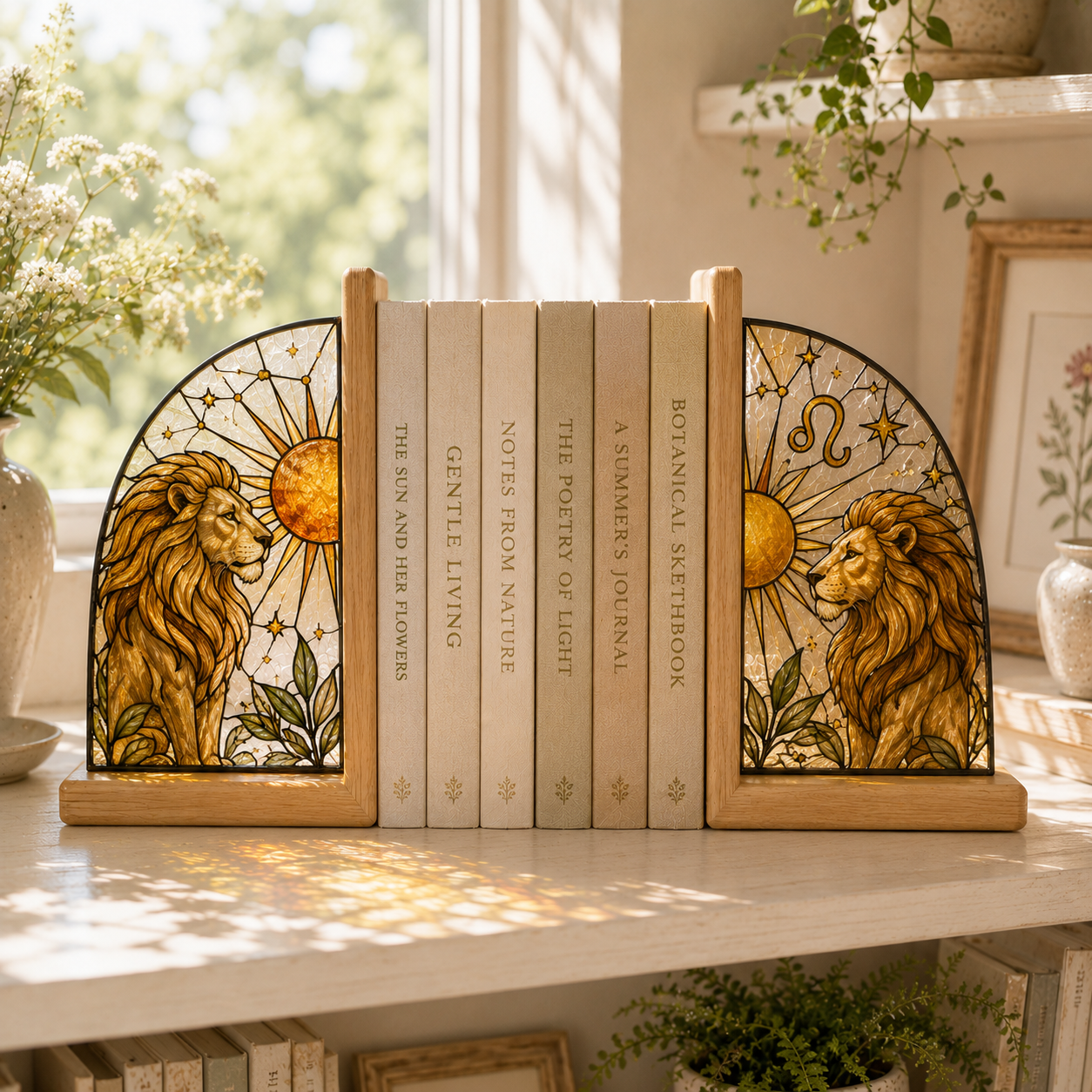 Leo Zodiac Bookends | Wood Glass Bookend Set | Astrology Bookshelf Decor | Stained Glass Style Book Holder | Leo Gift