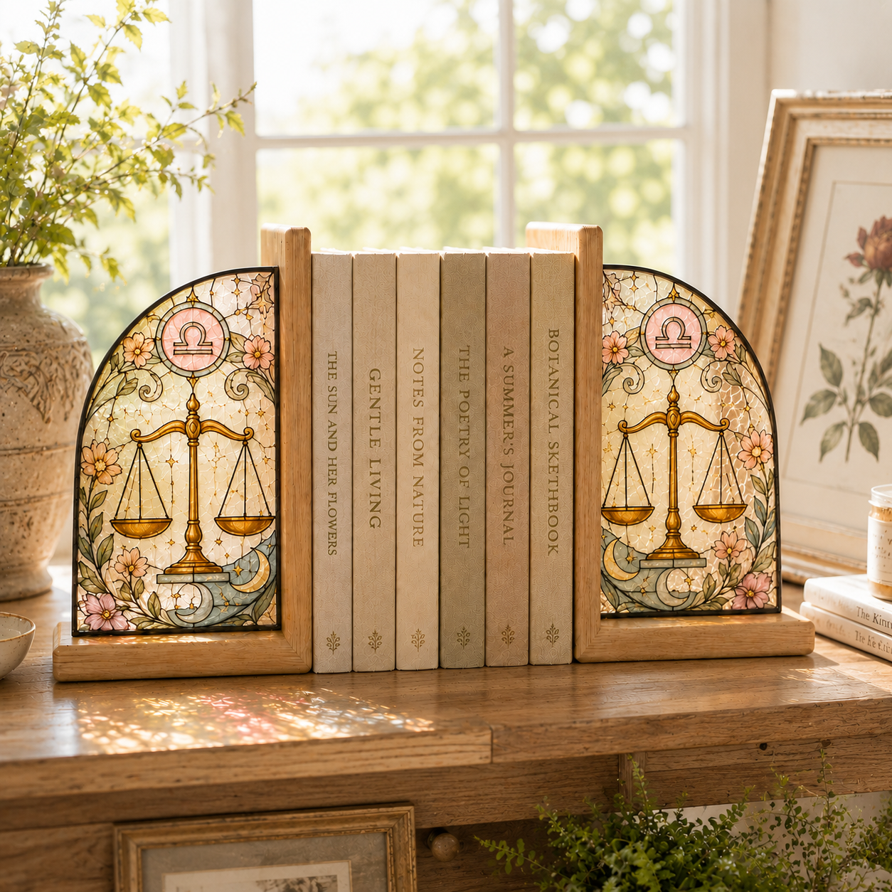 Libra Zodiac Bookends | Wood Glass Bookend Set | Astrology Bookshelf Decor | Stained Glass Style Book Holder | Libra Gift