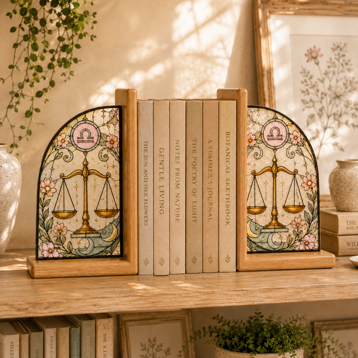 Libra Zodiac Bookends | Wood Glass Bookend Set | Astrology Bookshelf Decor | Stained Glass Style Book Holder | Libra Gift