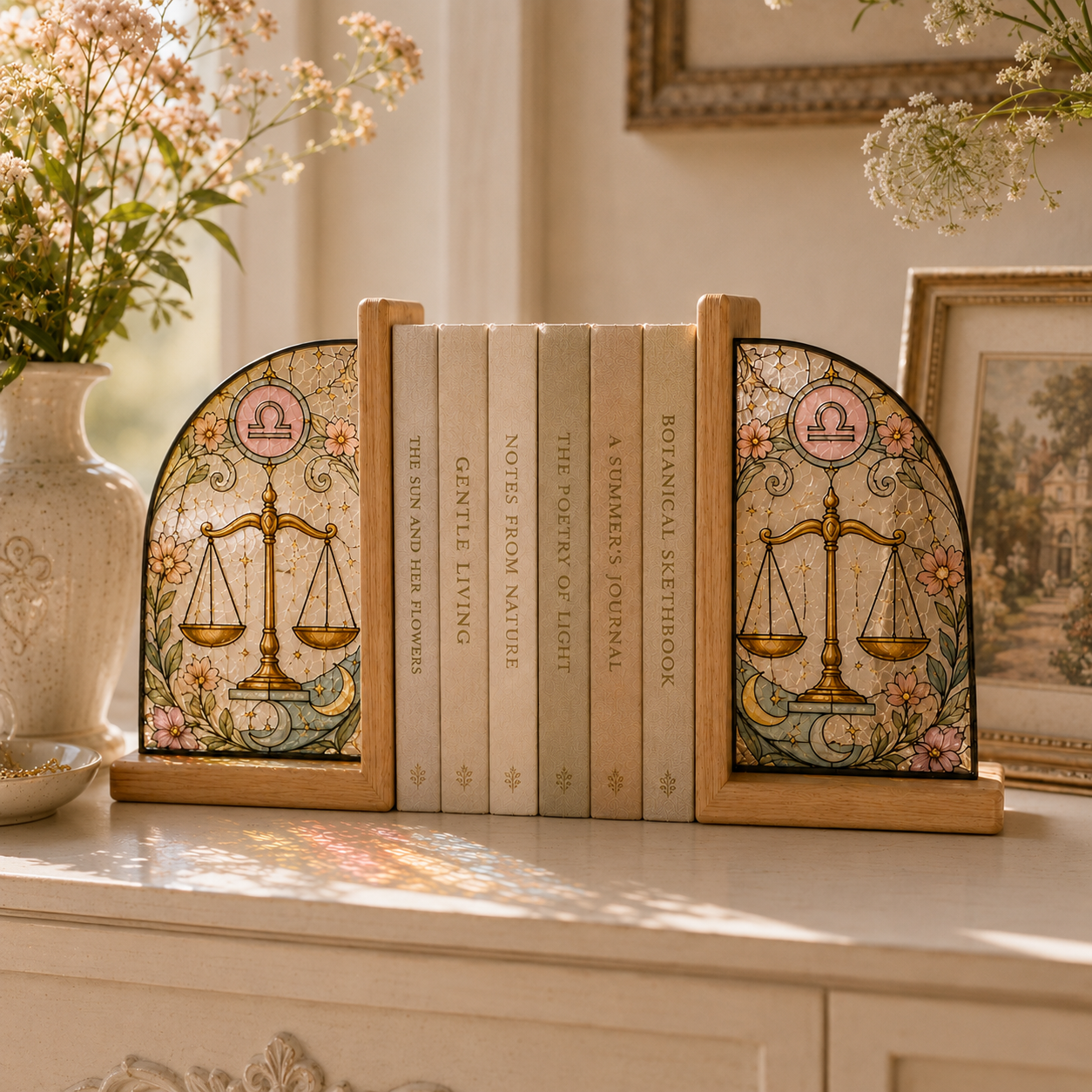 Libra Zodiac Bookends | Wood Glass Bookend Set | Astrology Bookshelf Decor | Stained Glass Style Book Holder | Libra Gift