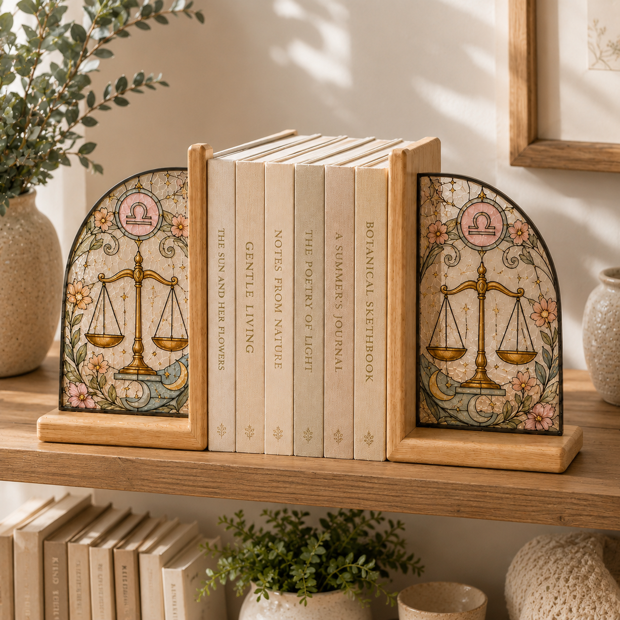 Libra Zodiac Bookends | Wood Glass Bookend Set | Astrology Bookshelf Decor | Stained Glass Style Book Holder | Libra Gift