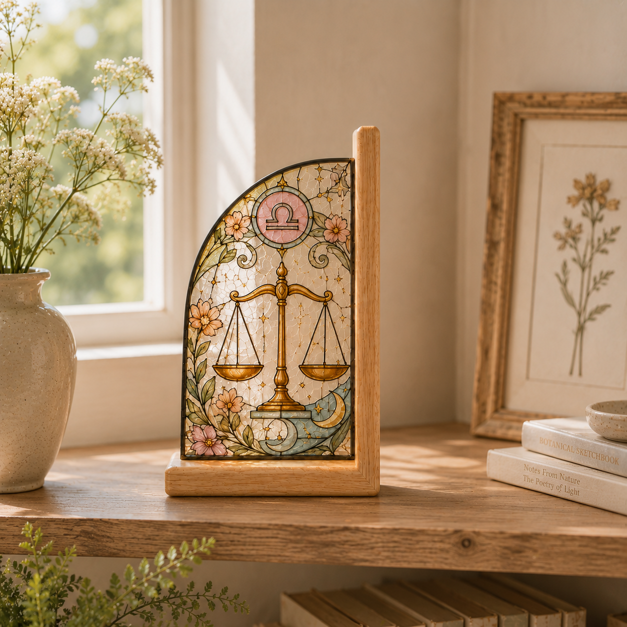 Libra Zodiac Bookends | Wood Glass Bookend Set | Astrology Bookshelf Decor | Stained Glass Style Book Holder | Libra Gift